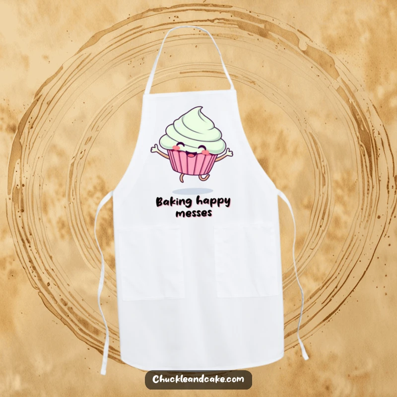 Funny apron displaying a smiling cupcake with legs caught in an ecstatic jump, ready for kitchen fun.