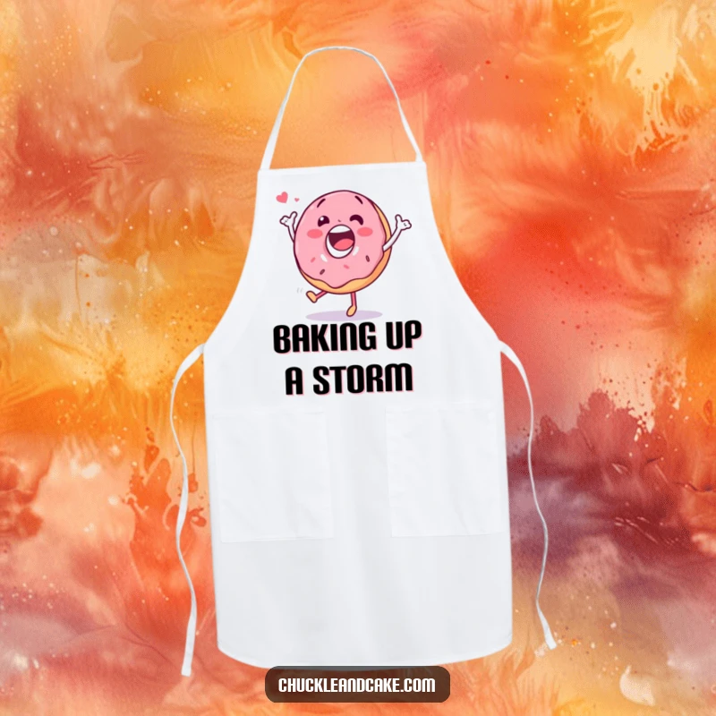 Funny apron displaying a happy donut character doing a silly dance, perfect for fun and festive cooking.