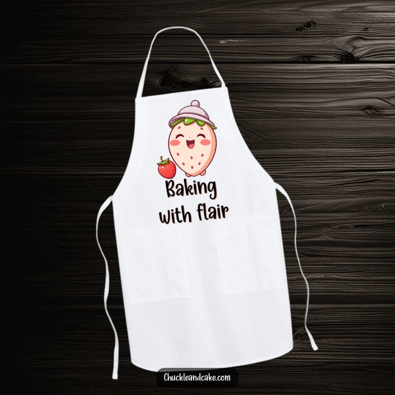 Funny strawberry apron illustrating a giggling strawberry wearing a tiny hat, perfect for kitchen adventures with a touch of sweetness.