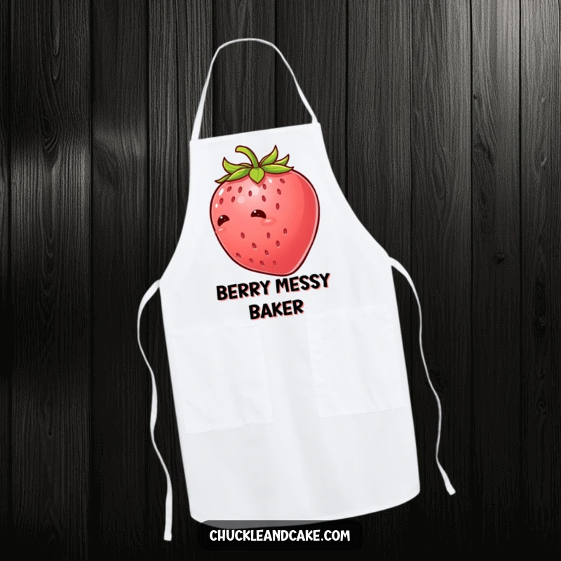 Funny strawberry with leaves giggling uncontrollably, a kitchen apron designed with a tickled fruit character to bring humor to cooking.