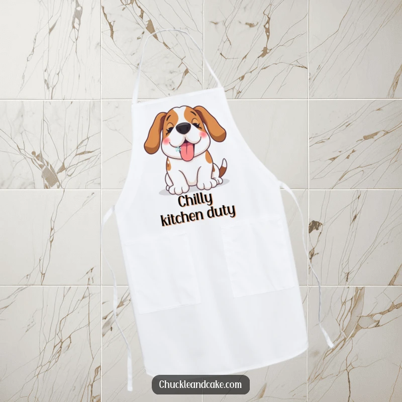 Funny Basset Hound apron with a happy dog catching a snowflake on its tongue, perfect for kitchen fun and style.