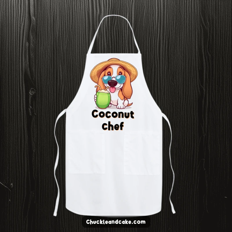 Funny Basset Hound apron featuring a Basset Hound in a sun hat sipping a coconut drink, ideal for tropical themed cooking.