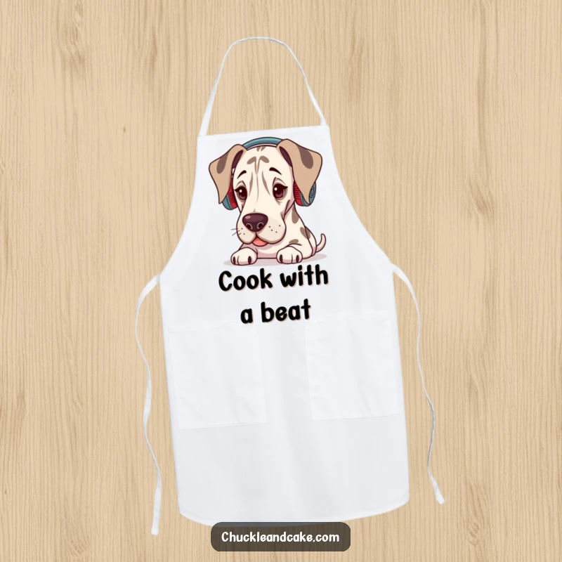 Funny Grand Dane apron with a dog wearing ear warmers, looking like it's enjoying music while cooking.