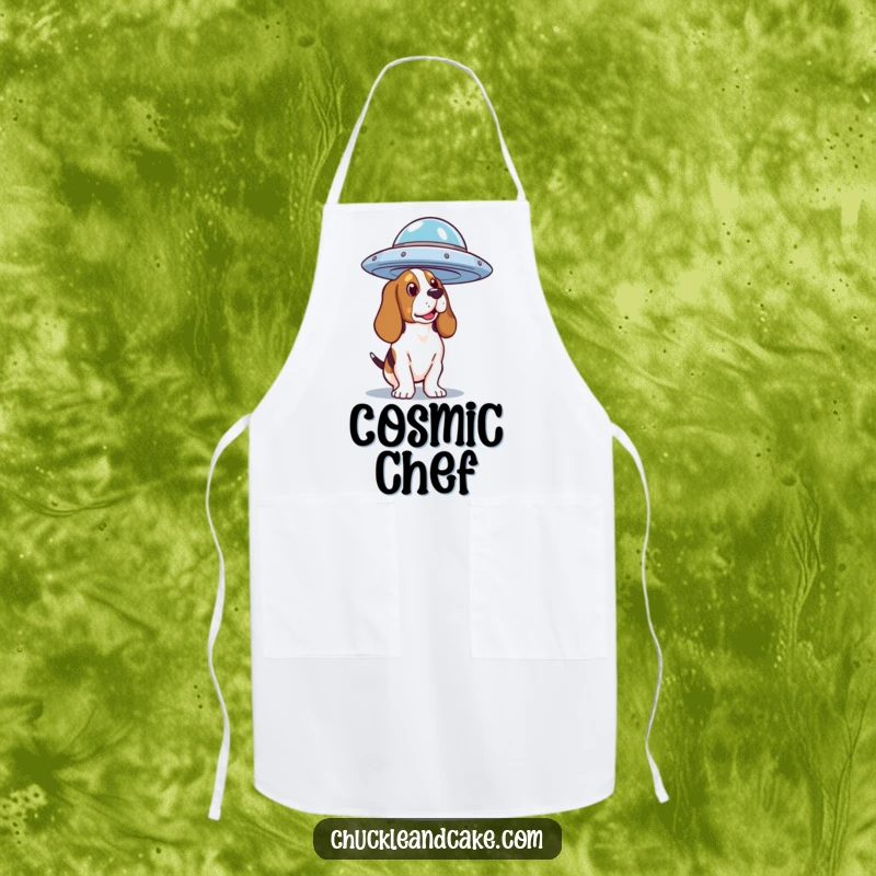 Funny Basset Hound UFO Apron showing a dog curiously watching a flying saucer, ideal for space-themed cooking.
