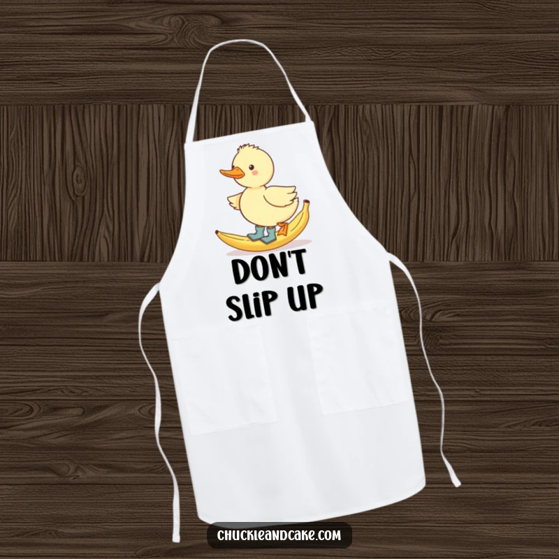 Funny waddling duck in tiny boots, slipping on a banana peel, humorous kitchen apron.