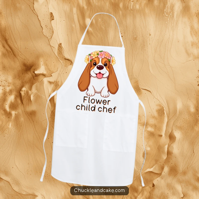 Funny Basset Hound Apron with droopy ears, wearing a flower crown, smiling, ideal for humorous kitchen activities.
