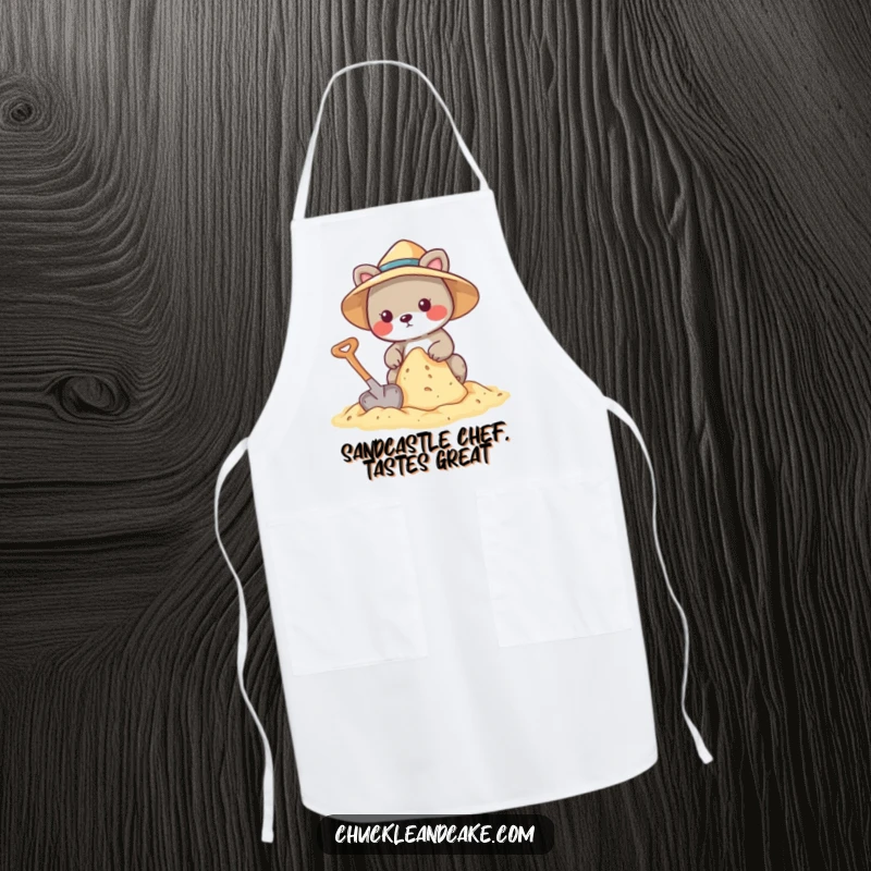 Funny apron showing an animal with a sun hat, building a sandcastle with a shovel.
