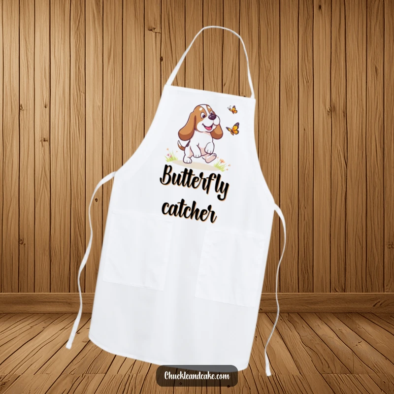 Funny Basset Hound with droopy ears chasing a butterfly, humorous dog apron, droopy ears design, practical and funny gift.