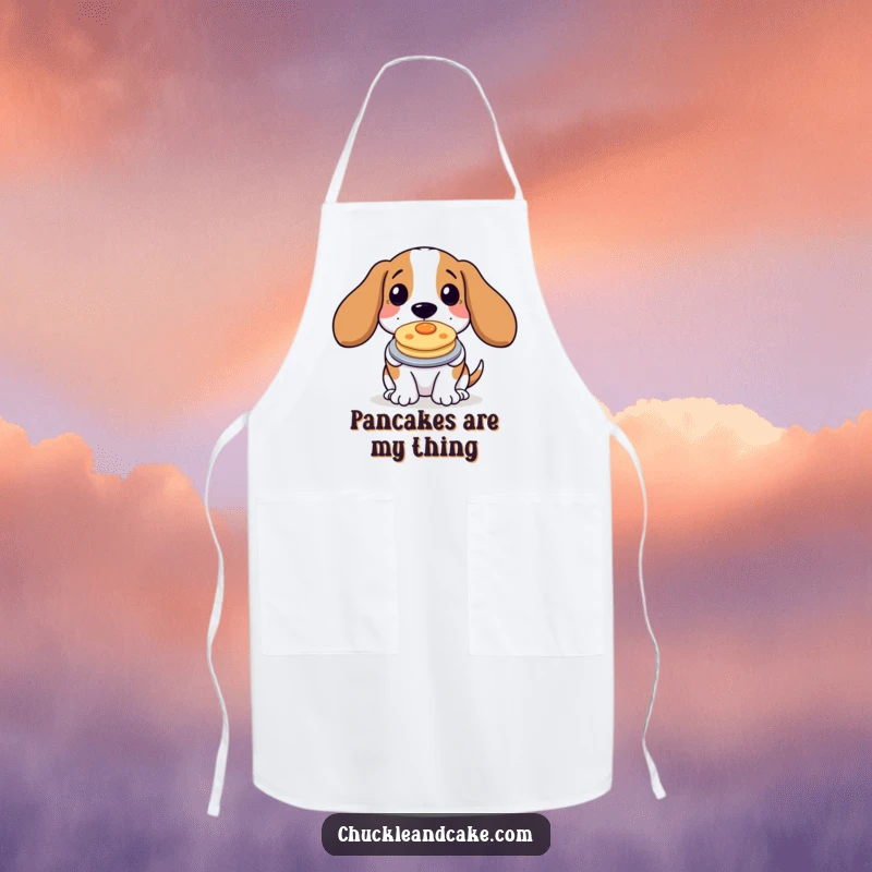 Funny Basset Hound Pancake Apron showing a dog proudly presenting breakfast, ideal for kitchen fun and dog enthusiasts.