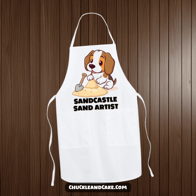 Funny Basset Hound apron showing a Basset Hound with a tiny shovel building a sandcastle, ideal for bakers and dog parents.