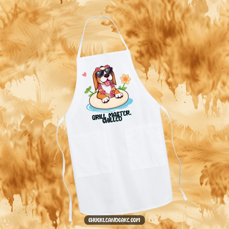 Funny Basset Hound apron depicting a Basset Hound on a float with sunglasses and lei, for a tropical cooking experience.