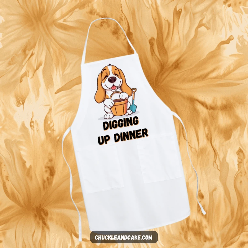 Funny Basset Hound winking with bucket and spade, ready for beach fun, worn by a kitchen chef apron.