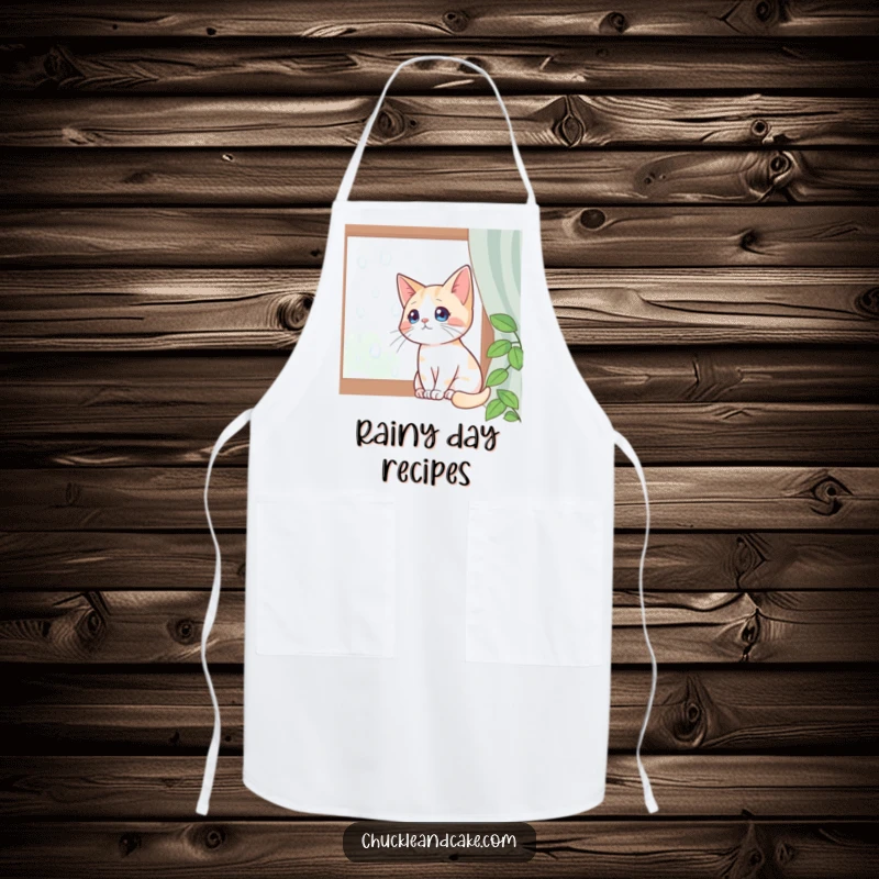Funny apron featuring a Bobtail cat sitting by a window, watching raindrops, perfect for adding a touch of calm to cooking.