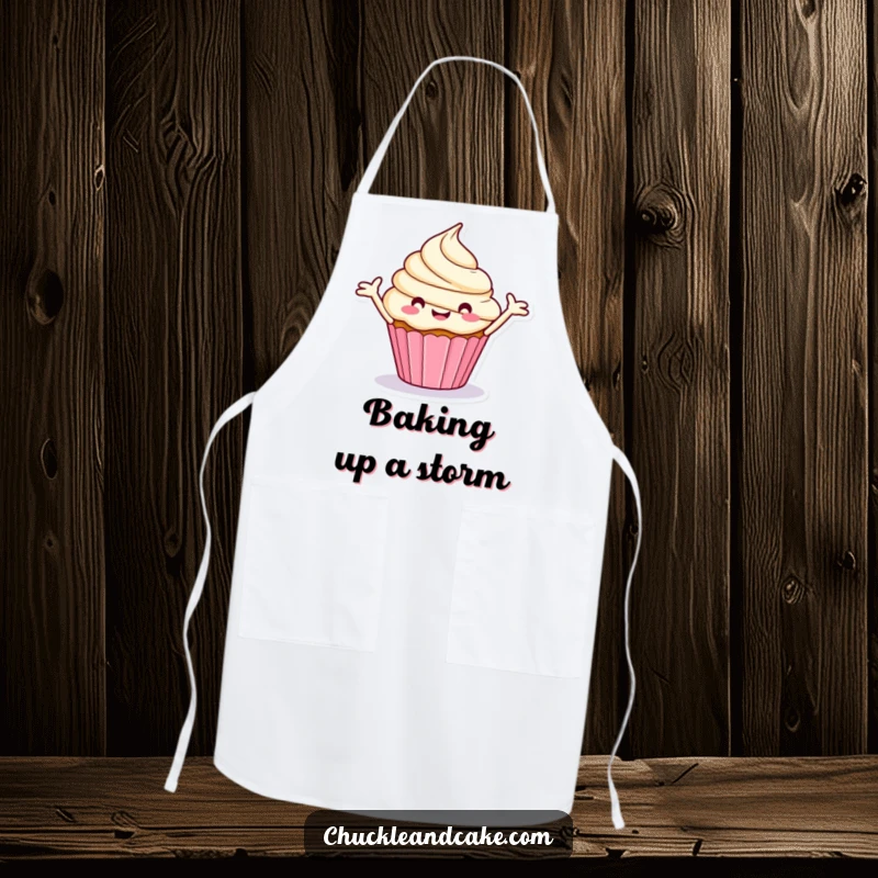 Funny apron showing a happy, stylized cupcake spinning merrily with outstretched frosting arms.