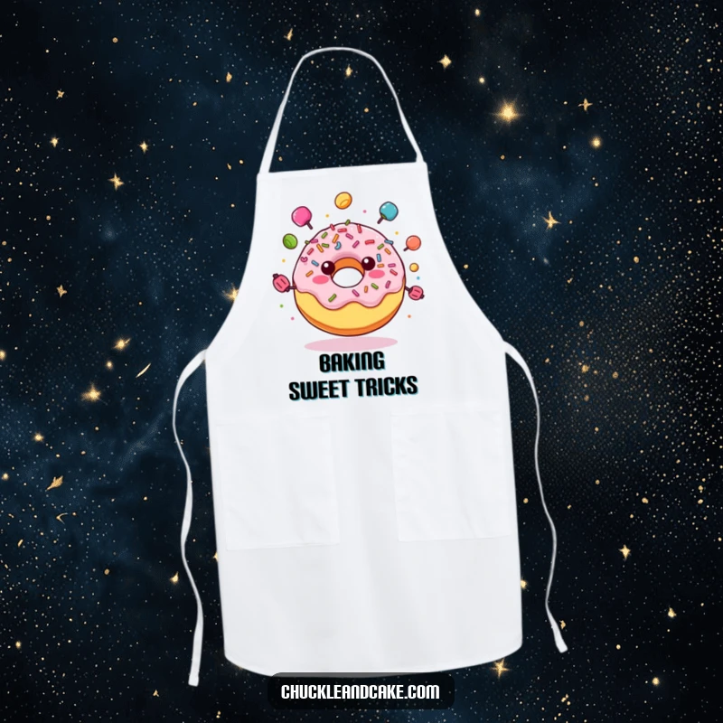Funny apron featuring a joyful donut with sprinkles, juggling colorful candies, adding a humorous and sweet element to kitchen duties.