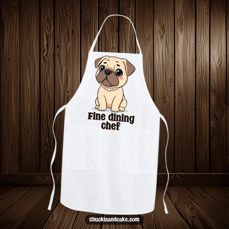 Funny apron featuring a Bullmastiff dog wearing a pearl necklace, looking elegantly poised for kitchen duties.