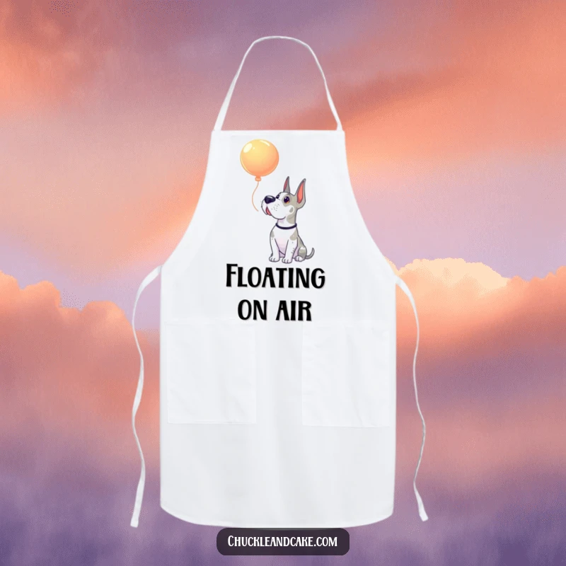 Funny Grand Dane apron with a dog looking up in sweet amazement at a brightly colored, floating balloon.