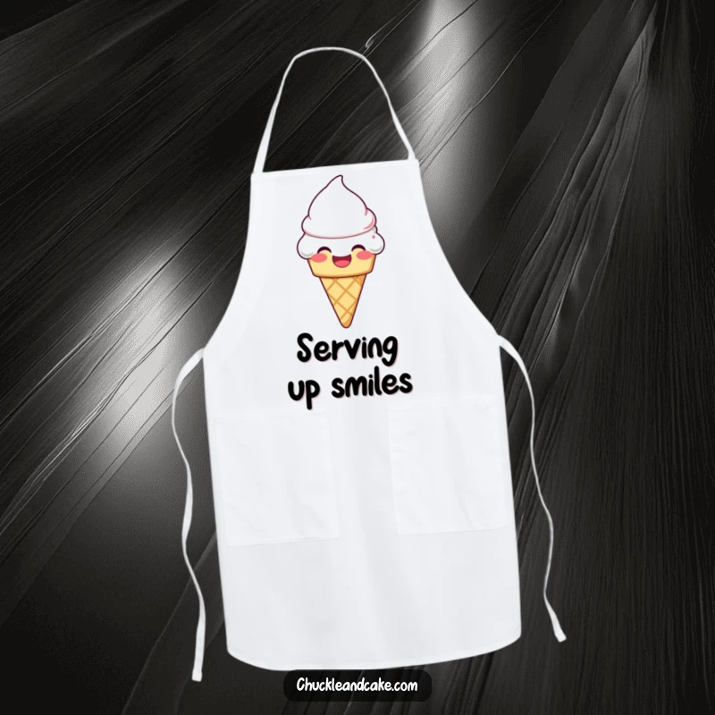 Funny laughing ice cream cone with frosting melting slightly on an apron, perfect for a fun-loving chef.