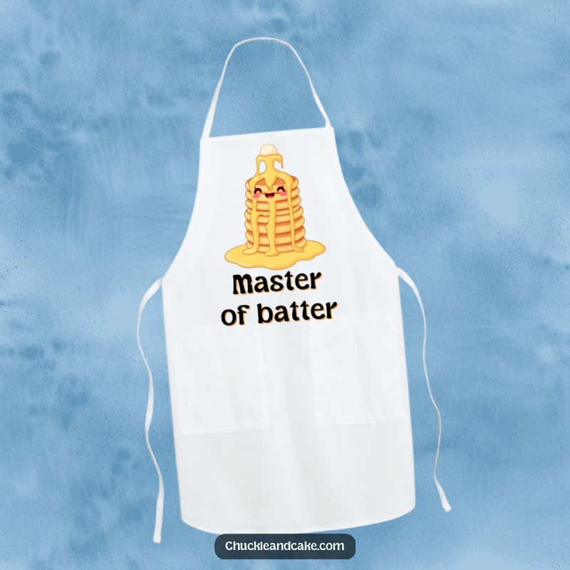 Funny pancake apron illustrating a stack of pancakes sliding down a syrup waterfall, great for aspiring chefs with a sense of humor.