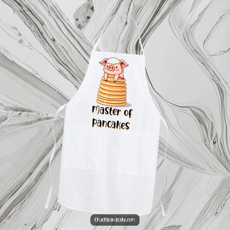 Funny sheepish pig precariously balancing a stack of pancakes on a kitchen apron, perfect for humorous and adorable breakfast cooking.