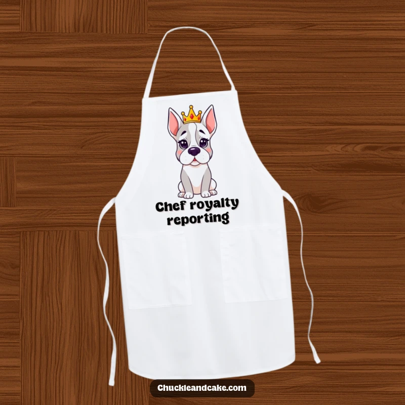 Funny Grand Dane apron with a dog wearing a small, elegant crown, looking hilariously royal while cooking.