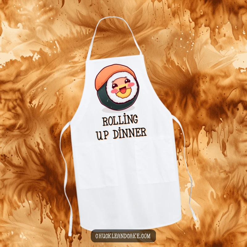 Funny apron featuring a beaming sushi roll spinning happily, perfect for adding joyful humor and protection in the kitchen.