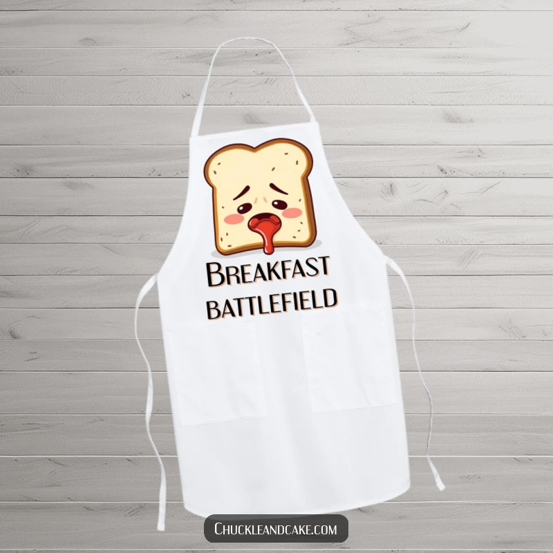 Funny embarrassed slice of toast accidentally spraying jam, humorous kitchen apron.
