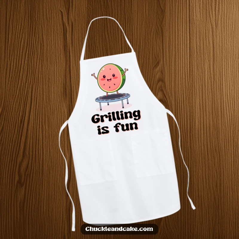 Funny watermelon apron illustrating a merry slice of watermelon bouncing on a trampoline, perfect for kitchen adventures with summer vibes.