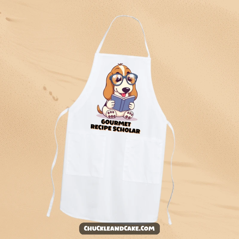 Funny Basset Hound with droopy ears wearing spectacles, reading a tiny book, intellectual dog apron, humorous bookworm design, practical funny gift.