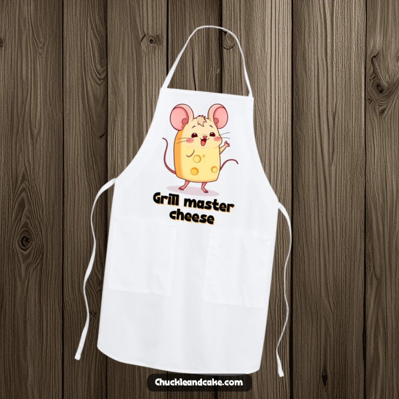 Funny slice of cheese with mice ears wiggling and performing a jig, a kitchen apron designed with a dancing food character.