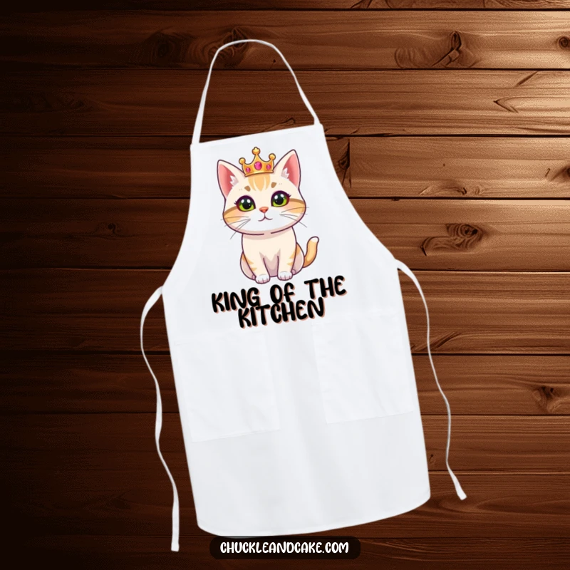 Funny apron featuring a Bobtail cat wearing a small crown, looking regal, perfect for adding a touch of majesty to cooking.