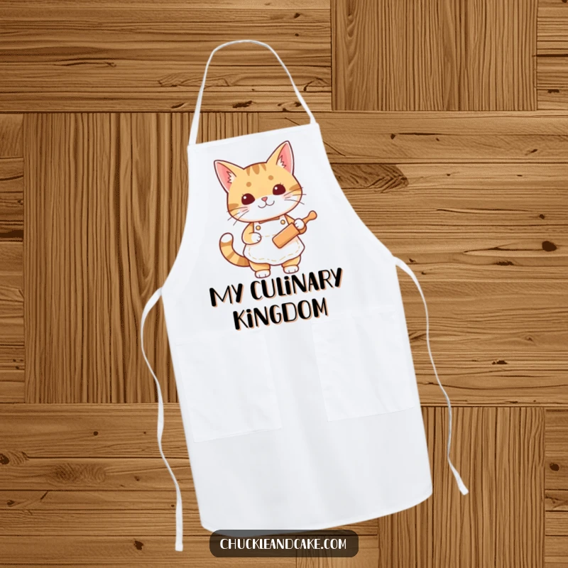 Funny Bobtail cat apron showing a cat in an apron holding a rolling pin, perfect for culinary adventures.