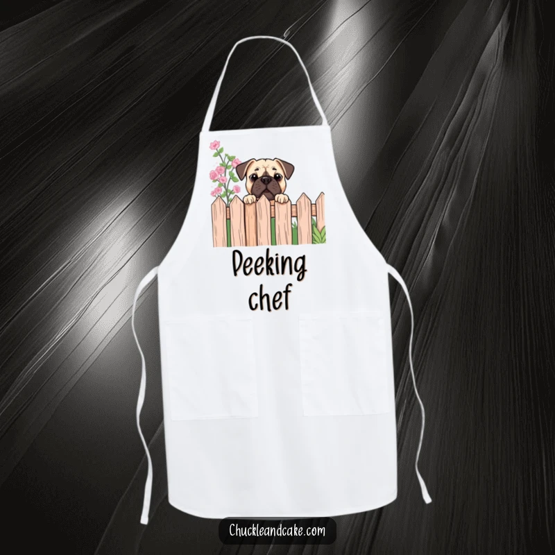 Funny Bullmastiff chef apron with a dog peeking over a garden fence, bringing humorous curiosity to the kitchen.