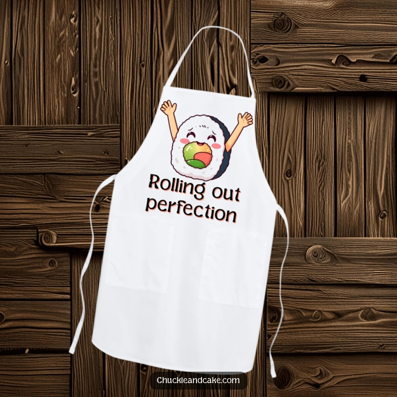 Funny apron showing a delighted sushi roll with arms raised in celebration, ideal for festive kitchen activities.