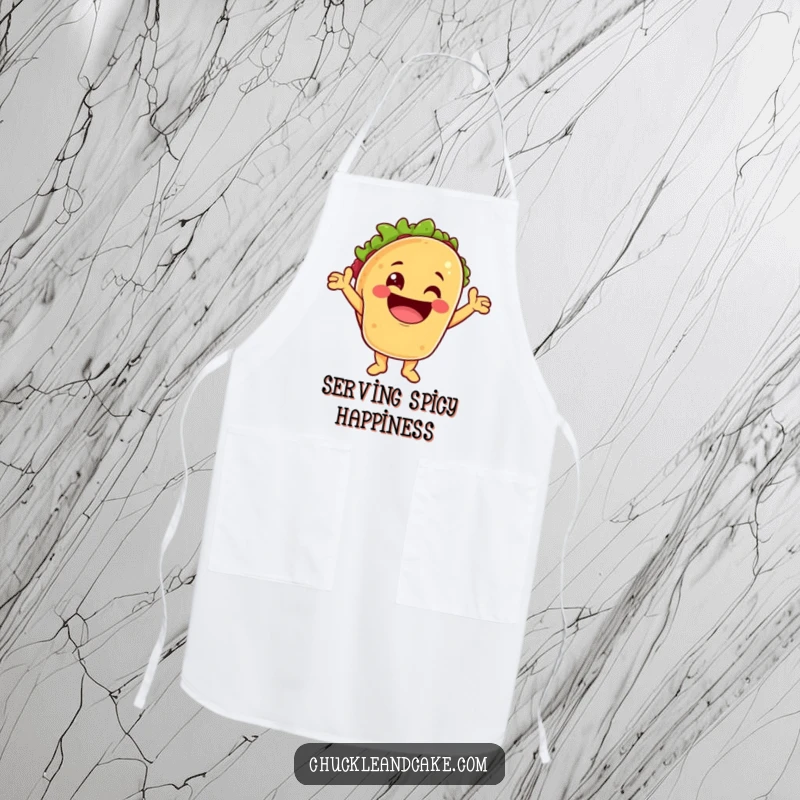 Funny apron displaying a taco character cheering with a huge grin, perfect for festive and fun cooking.