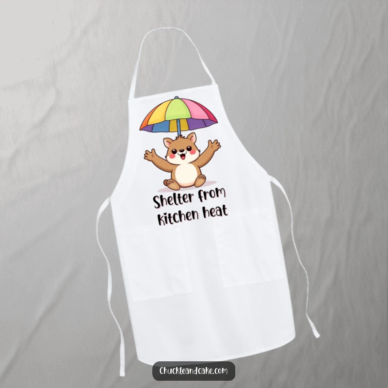 Funny apron showing a cheerful animal enthusiastically holding up a colorful beach umbrella.