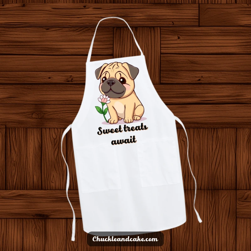 Funny Bullmastiff chef apron showing a gentle, smiling dog offering a flower, bringing sweet humor to cooking.