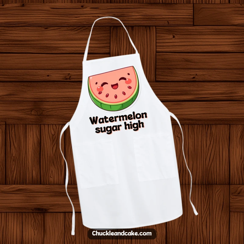 Funny watermelon slice apron with seeds winking, a cheerful and practical kitchen accessory for chefs who love a humorous touch.