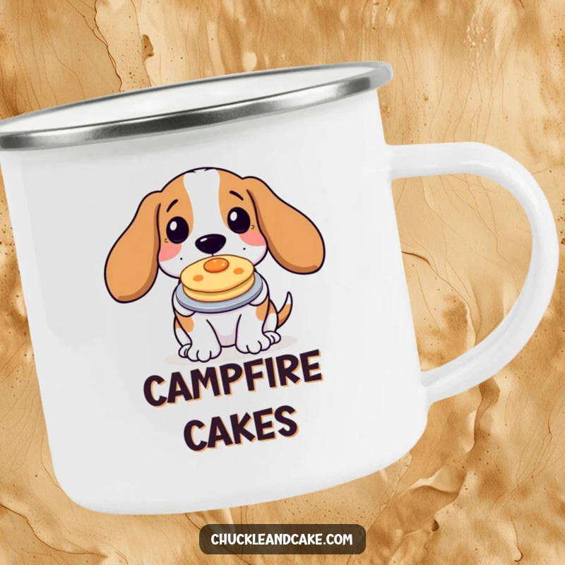 Funny Basset Hound Pancake Camping Mug with a dog proudly holding a pancake, great for campers and dog lovers.