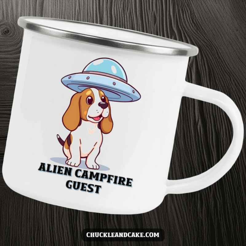 Funny Basset Hound UFO Camping Mug with a dog curiously watching a flying saucer, ideal for campers and sci-fi fans.