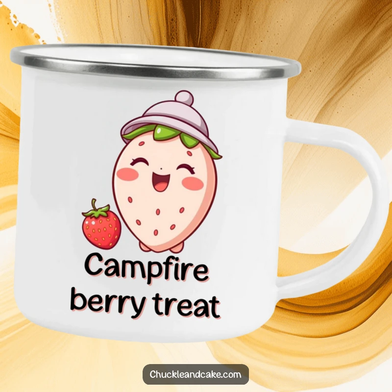 Funny strawberry camping mug featuring a giggling strawberry in a tiny hat, perfect for enjoying beverages outdoors with a hint of fun.