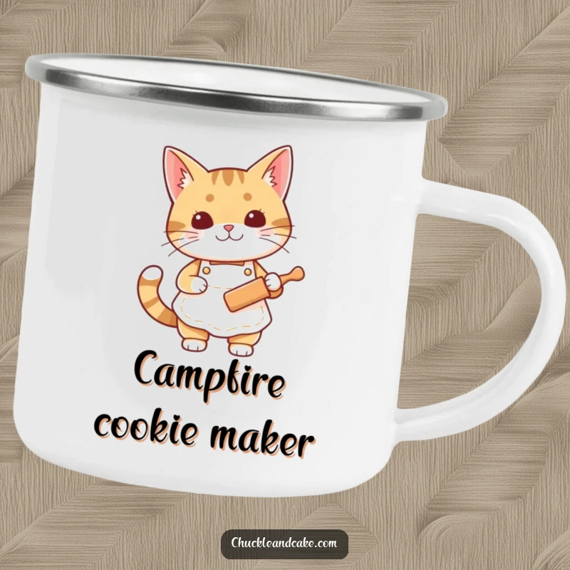 Funny Bobtail cat enamel camping mug with a cat in an apron holding a rolling pin, perfect for campers.
