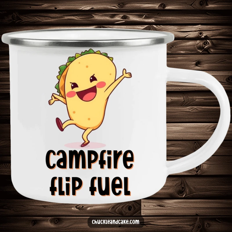 Funny camping mug showcasing a happy, grinning taco mid-cartwheel, ready to fuel any outdoor culinary adventure with humor.