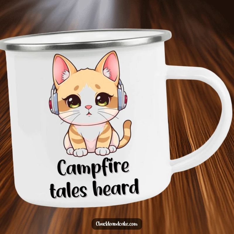 Funny enamel camping mug featuring a Bobtail cat wearing ear warmers, intently listening, ideal for enjoying beverages outdoors.