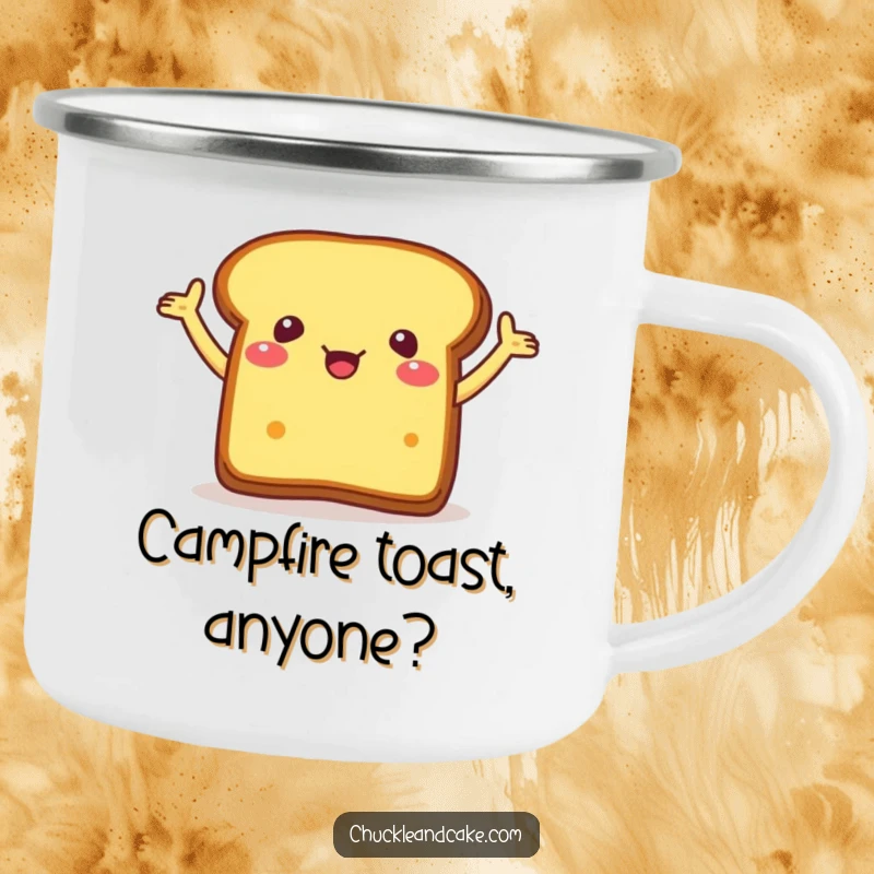 Funny camping mug featuring a piece of bread with arms flailing excitedly, designed for outdoor enthusiasts who love humor.