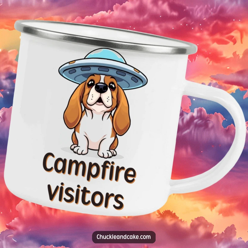 Funny Basset Hound camping mug showing a curious dog looking up at a flying saucer, ideal for outdoor drinks.