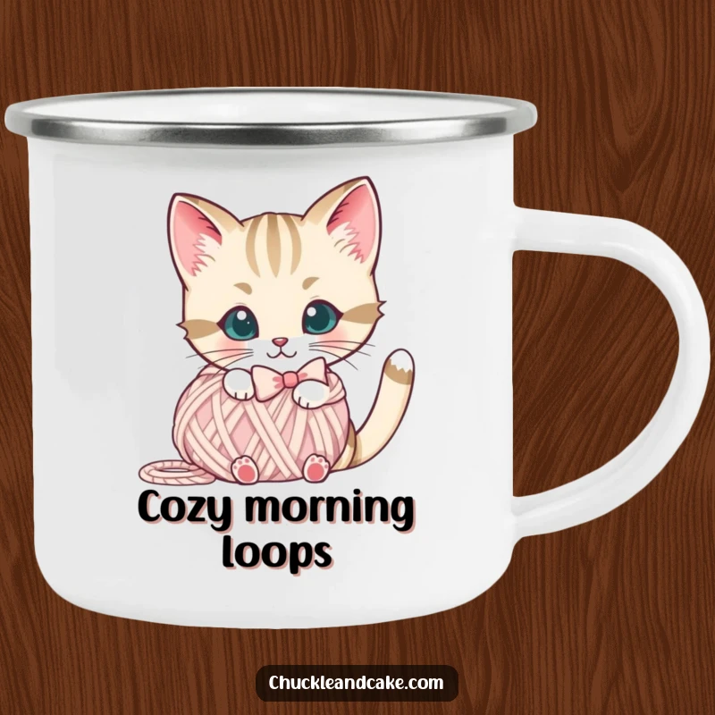 Funny Bobtail cat enamel camping mug with a cute cat with a bow peeking from behind a yarn ball, perfect for travelers.