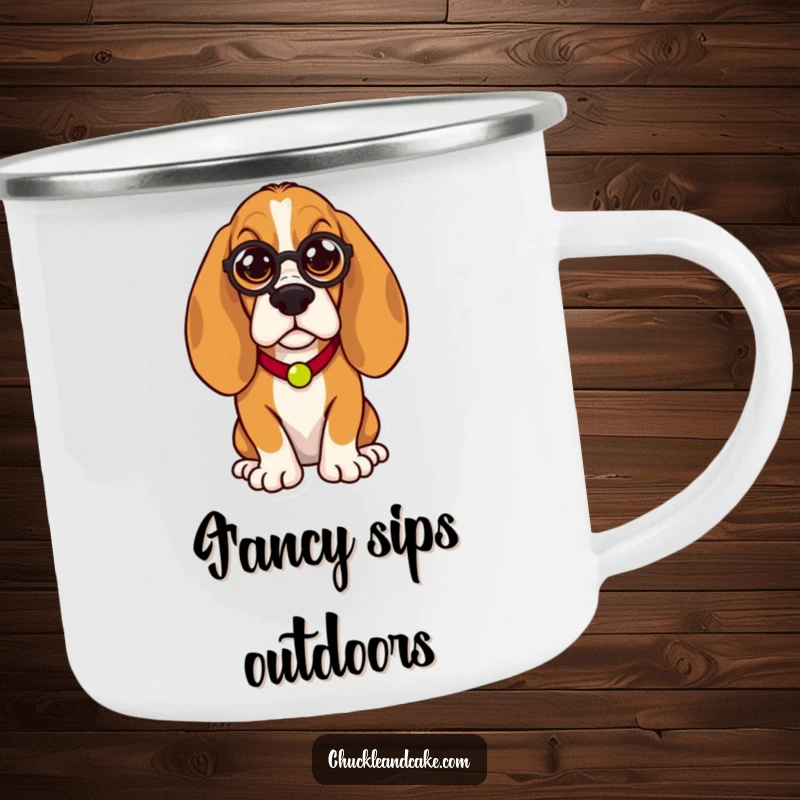 Funny Basset Hound camping mug, droopy-eared dog wearing a monocle, humorously regal, ideal for sophisticated outdoor adventures.