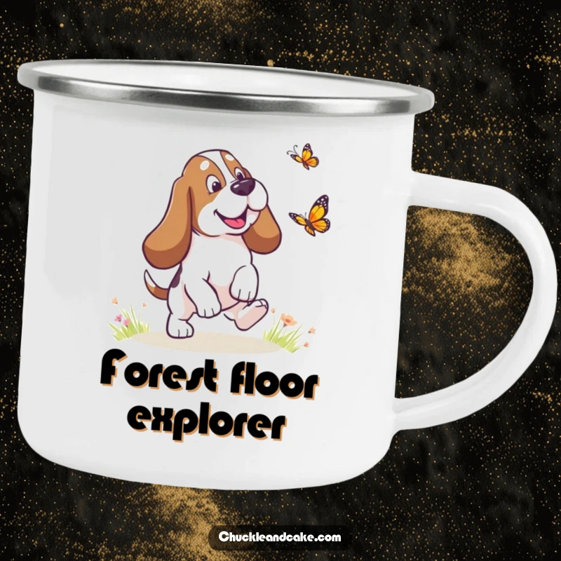 Funny Basset Hound with droopy ears chasing a butterfly, humorous dog camping mug, droopy ears design, adventurous and funny gift.