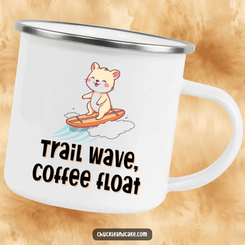 Funny camping mug with a happy animal riding a tiny surfboard down a gentle wave.